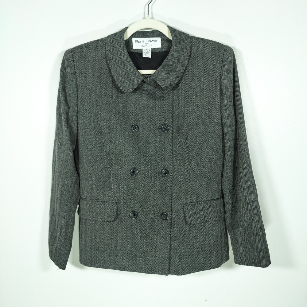 Rena Rowan Saville Gray Herringbone Wool Blazer 4 Double Breasted Academia